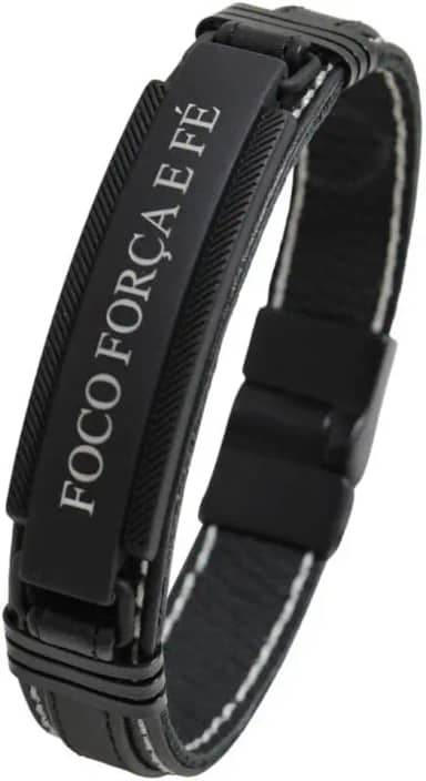Pulseira de Couro Magnética Foco Força Fé Costura Branca