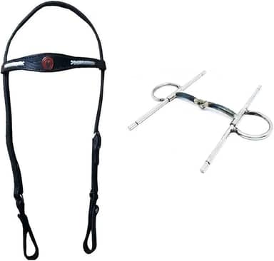 Cabeçada Manga Larga Couro + Freio Bridão Inox Para Cavalo