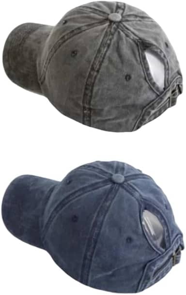 Boné de beisebol feminino com rabo de cavalo lavado, universal, tamanho ajustável - 2 peças