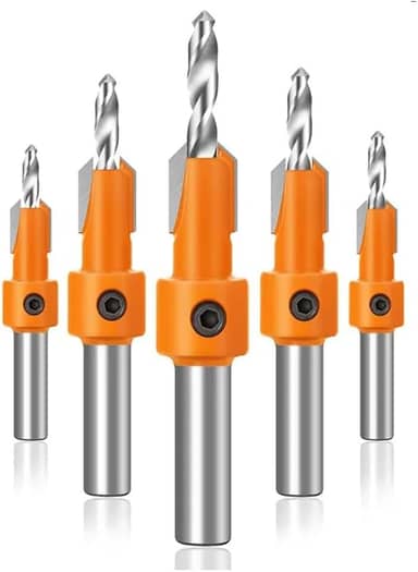 Kit de Brocas Escareadoras com Limitador, 5 Peças, Haste Hexagonal 8mm, para Madeira e MDF, com Chave Allen, Profundidade Ajustável até 14mm