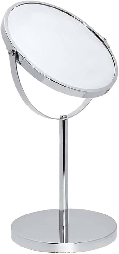 Mimo Style Espelho de Aumento com Base Cor Prata, Dupla Face 360º Rotativo, Lado Normal e Outro Com Ampliação em 5X. Acabamento em Aço Inoxidável de Qualidade e Elegante