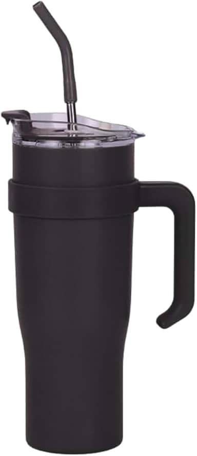 Copo Caneca Térmica de Inox à Vácuo Com Alça e Canudo 1200ml (Copo Virgínia) (Preto com alça preta)