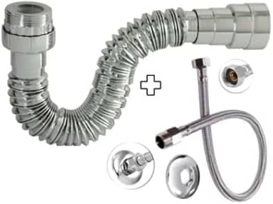 Sifão Sanfonado Pia Flexível Extensível Universal Cromado + Flexivel Trançado Inox 40 cm