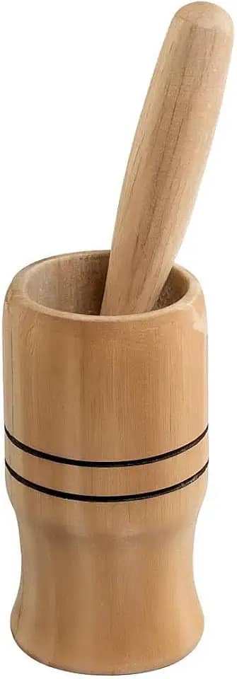 Pilão de Madeira com Socador, 12 cm de Altura, Utensílio para Temperos Amassador de Alho