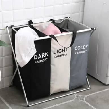 Cesto Organizador de Roupas Sujas 3 Divisórias Dobrável – Cesto de Lavanderia Grande, Leve e Resistente para Separar Roupas Brancas, Coloridas e Escuras