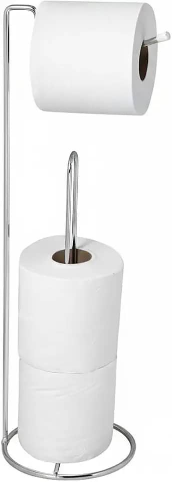 Suporte de Chão Porta Papel Higiênico Cromado - Capacidade 3 Rolos - Design Moderno, Antiferrugem, Portátil e Durável - Ideal para Banheiro sem Furos ou Instalação