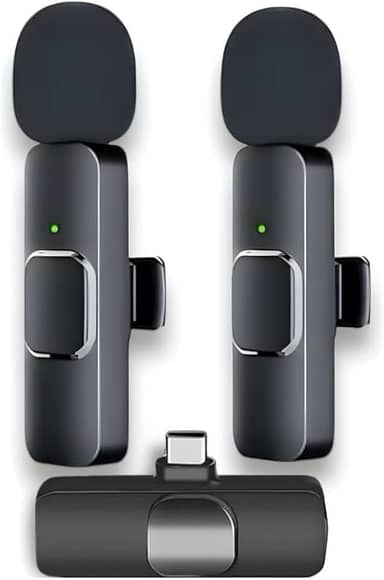 Kit Microfone Lapela Sem Fio Duplo USB-C – Redução de Ruído, Bateria 5h, Alcance 20m – Compatível com iPhone 15/16 e Android – Ideal para Vídeo, Entrevista, Vlog
