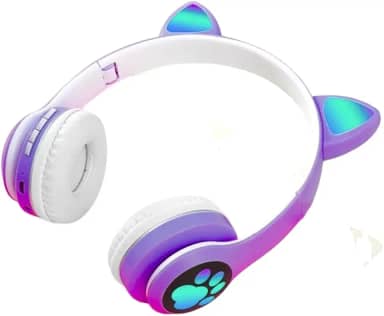 Fone De Ouvido Com Orelha de Gatinho Infantil Headphone Bluetooth com Luzes RGB para crianças tamanho ajustável dobrável (Roxo/Branco)
