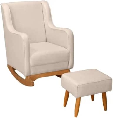 Poltrona Cadeira Balanço Amamentação e Puff Linho Premium (Bege)