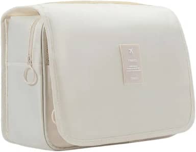 Necessaire Unissex Organizadora Portátil para Viagem e Uso Diário, Bolsos Internos, Fecho com Zíper, com Gancho para Pendurar, Várias Divisórias, Material Premium Resistente à Água (Bege)
