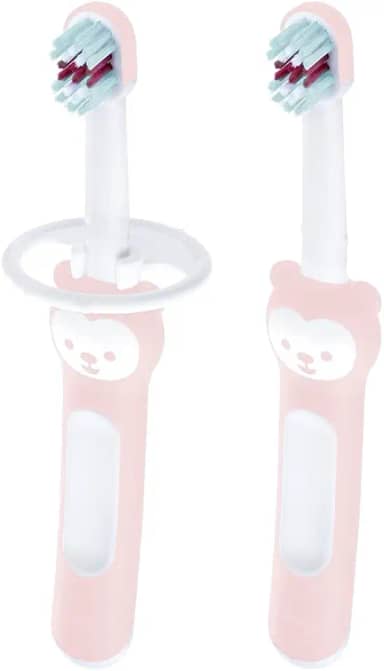 MAM Baby Kit com 2 Escovas de Dentes Baby's Brush com Trava de Segurança para Crianças de 6+ Meses Com Cabo Ergonômico e Fácil de Segurar, Rosa