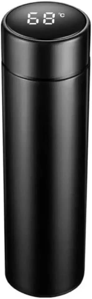 Garrafa Térmica De Inox Café, Água Quente e Frio C/Sensor De Temperatura Em Led 500 ML Parede Dupla Medidor Temperatura Squeeze Portátil (Preto)