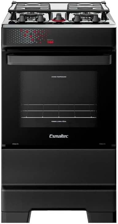Fogão Esmaltec 4 Bocas Ideal Top Mesa Inox Tampa de Vidro Forno 50 Litros Preto T4IAP Bivolt