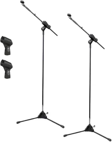 Ibox Kit 2 Pedestais de Microfone com Suporte Cachimbo, Tripé Ajustável, Preto (Mic Com Fio)