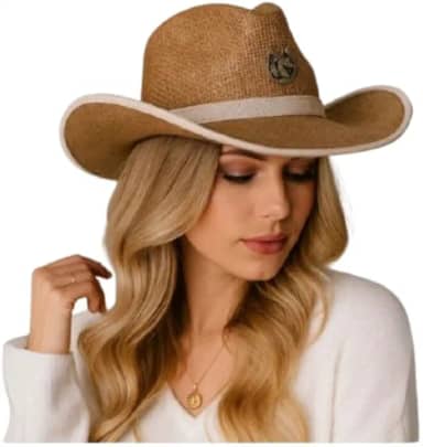 Chapéu Country Unissex de Palha, Marrom Gradiente, com Faixa Decorativa, Estilo Cowboy Emborrachado