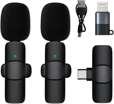 Microfone De Lapela Profissional Kit Com 2 Microfones Adaptador Para Iphone e Receptor Cancelamento De Ruídos Compatível Com Celular, Câmera E PC Conexão Via Bluetooth Para Gravações