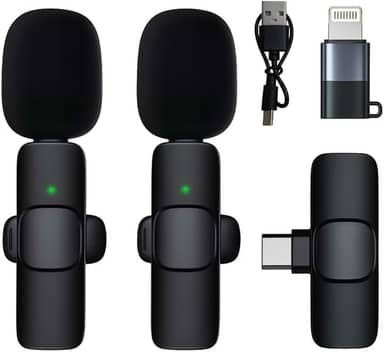 Microfone De Lapela Profissional Kit Com 2 Microfones Adaptador Para Iphone e Receptor Cancelamento De Ruídos Compatível Com Celular, Câmera E PC Conexão Via Bluetooth Para Gravações