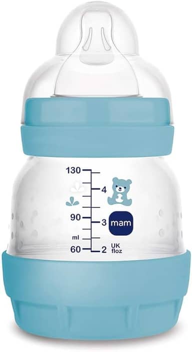 MAM Baby 1 Mamadeira Easy Start 130ml Anticólica e Menos Bolhas de Ar, para Crianças 0+ Meses Autoesterilizável e com Bico de Silicone Skinsoft, Azul Oceano
