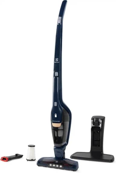 Electrolux Aspirador de Pó vertical bateria Ergorapido 2 em 1 luz frontal LED 45 min base recarregamento pedal limpeza facil da escova rotativa aspira escova capacidade 420Ml ERG28 Bivolt Azul