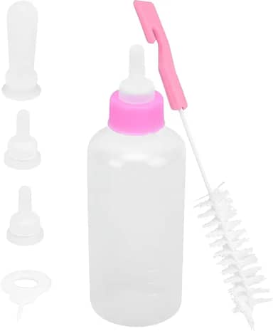 Kit Mamadeira Pet com 7 Peças, 60ml, Rosa, com 4 Bicos, Escova de Limpeza, para Filhotes e Animais em Recuperação
