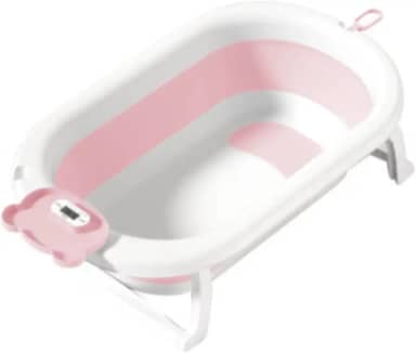 Kids Need - Banheira Infantil Grande 50 Litros Dobrável Retrátil Com Termómetro, Porta Sabonete e Porta Chuveirinho - Individual Ou Kit Com Almofada Assento Travesseiro Flutuande De Banho Para Bebê Com Alça Ajustável. (Banheira Rosa Claro)