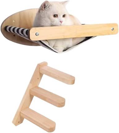 Cama suspensa oval para gatos com escada em madeira