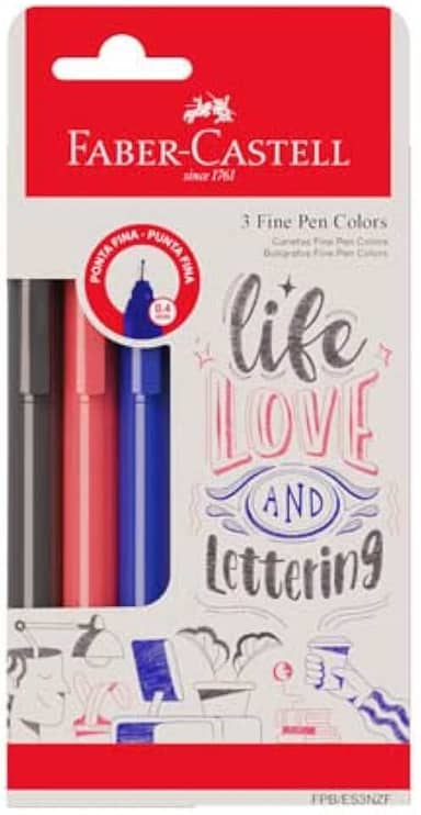 Caneta Ponta Fina, Faber-Castell, Fine Pen Colors, FPB/ES3NZF, 3 Cores Básicas (Azul, Vermelho e Preto)