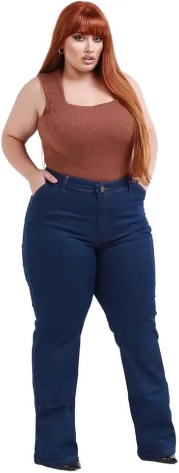 Calça Jeans Feminina Estilo Country Carpinteira Elastano Lycra Ajuste ao Corpo Vários Bolsos Rodeio Festa do Peão Boiadeira Bolso Bordado Plus Size 50 a 56