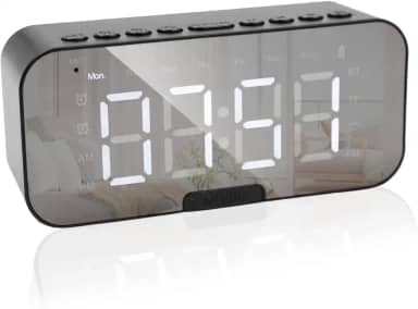 Relógio Despertador Digital Espelhado Bluetooth 5.0 com Caixa de Som 3W, Rádio FM, Duplo Alarme, Entrada USB e Viva-Voz – Design Moderno e Portátil (Preto)