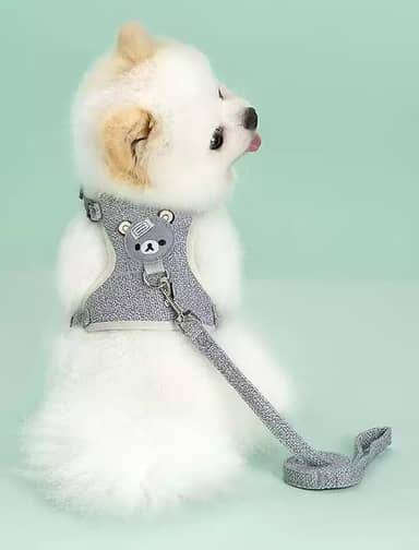 Peitoral e coleira para cães e gatos, colete macio com corda, peitoral ajustável para passear, apenas para cães pequenos e gatos, tamanho G, cinza