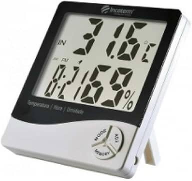 TERMO HIGROMETRO DIGITAL COM MAXIMA E MINIMA MEDIDOR DE TEMPERATURA E UMIDADE COM RELOGIO E ALARME INCOTERM