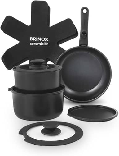 Brinox - Jogo de Panelas Antiaderente Ceramic Life 10 Peças Cabo Removível Fit - Preto