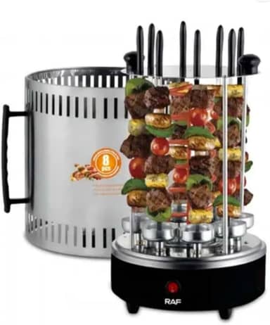 Churrasqueira Elétrica Vertical RAF 1200W 220V – 6/8 Espetos Giratórios 360° | Prática, Sem Fumaça e Portátil