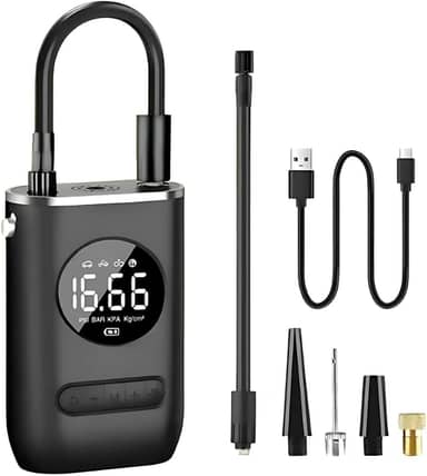 Compressor de Ar Portátil Recarregável 150 PSI com Bateria Dupla 2000mAh*2, Display Digital LED, Luz de Emergência e 4 Modos de Inflação para Carro, Moto, Bicicleta e Infláveis