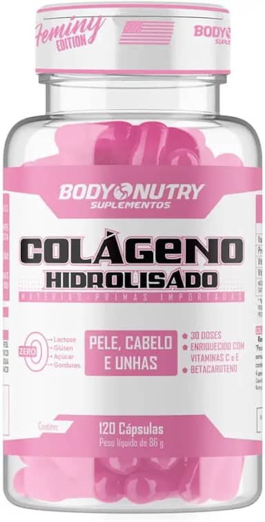 Colágeno Hidrolisado Feminy 120 Cápsulas Pele, Cabelo e Unha + Ácido Ascórbico Vitamina C e Acetato de Tocoferol Vitamina E 0% Açucar e Sem Gluten Collagen Matéria Prima Importada - Body Nutry