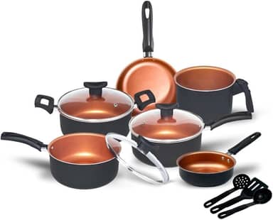 Conjunto de Panelas Antiaderente com Tampa de Vidro, 9 Peças, Revestimento Teflon, Cor Cobre, Utensílios em Nylon, Frigideiras e Caçarolas