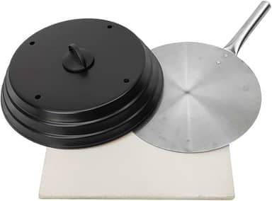 Kit Pizza Para Churrasqueira Com Pá de Pizza Alumínio Pedra Refratária Quadrada 40x40cm e Abafador (Preto)