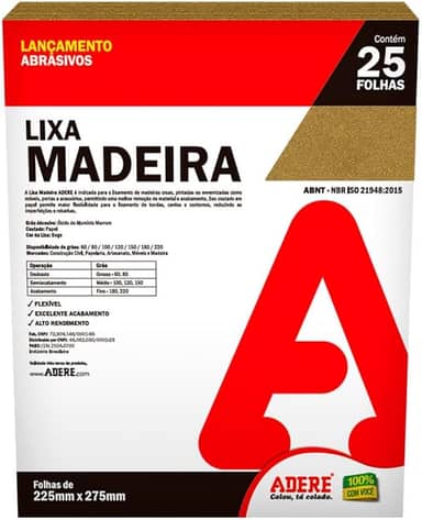 Folha Lixa madeira Papel Bege Adere Lmd120 225mmx275mm - 25 Folhas