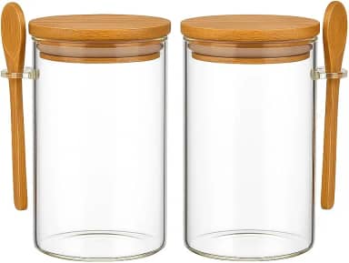 Kit 2 Potes 380ml de Vidro Borossilicato com Tampa Hermética e Colher de Bambu Recipientes para Temperos Açúcar Café Sal e Grãos Conjunto Tampa com Vedação de Silicone Linha Premium