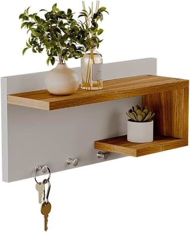 Porta Chaves de Parede com 4 ganchos Nero Branco e Freijó