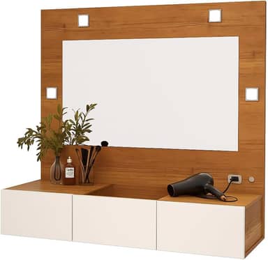 Penteadeira Suspensa Camarim Sophia com Espelho, Gaveta, Tampo de Vidro e Luz LED – Design Moderno para Maquiagem e Organização