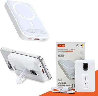 Power Bank 10.000mAh Turbo Carregador Portátil Universal por Indução Carregamento Ultra Rápido Suporte Dobrável Compatível Com Todo Celular Com Carregamento Magnético - Linha Premium AGold - Branco