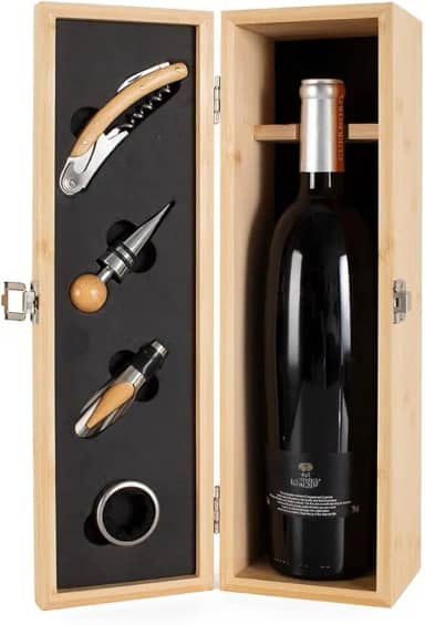Kit Vinho com Caixa de Bambu e Com suporte para garrafa padrão de 750 ml