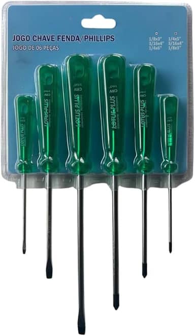 Conjunto Jogo 6 Chaves Phillips E Fenda Com Ponta Imantada Revestimento Níquel Em Aço Carbono