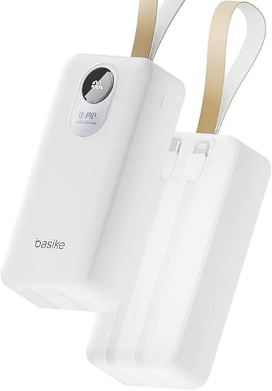Basike Power Bank, Carregador Portátil Universal 30000mAh, USB-A (até 22,5W, QC) + USB-C (até 20W, PD), 2 Cabos Integrados (USB-C e Lightning), Carregamento Rápido, Proteção Inteligente – Branco