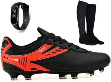 Kit Chuteira de Couro Futebol Campo Grama Natural + Meião + Relogio Adulto