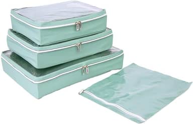 Kit 4 Pçs Organizador de Mala Impermeável com Visor e Zíper – Cubos de Bagagem para Viagem, Roupas e Calçados (Verde)