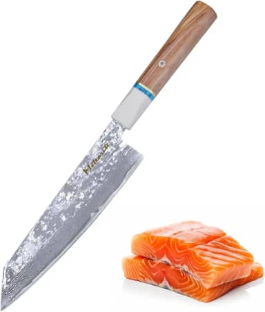 Faca de chef Kiritsuke de 20 cm, lâmina de cozinha profissional, faca de cozinha forjada à mão, 67 camadas de núcleo de aço Damasco + 9Cr18Mov, cabo ergonômico de oliveira e caixa de presente, prata