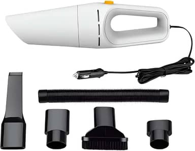 Aspirador de Pó Portátil para Carro, 120W, 12V, Branco, com Filtro Lavável, Cabo 4m, 4500Pa Sucção, Reservatório 200ml, Kit Acessórios