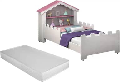 Mini Cama Infantil Casa Magia Quarto Montessoriana Princesa Meninas Com Grade De Proteção Lateral Baby Brinquedos Castelo Com Colchão Cor Branco/Rosa